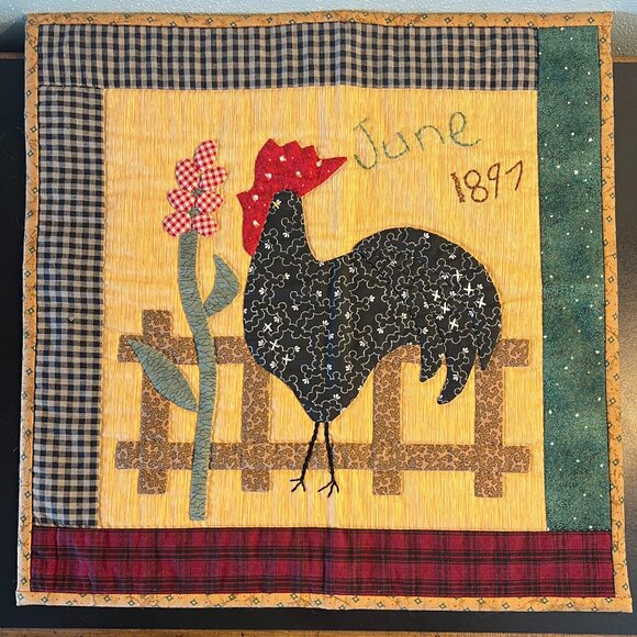 Hand Stitched ROOSTER Folk Art Patchwork Quilt Square Wall Hanging Handcrafted - Picture 1 of 12